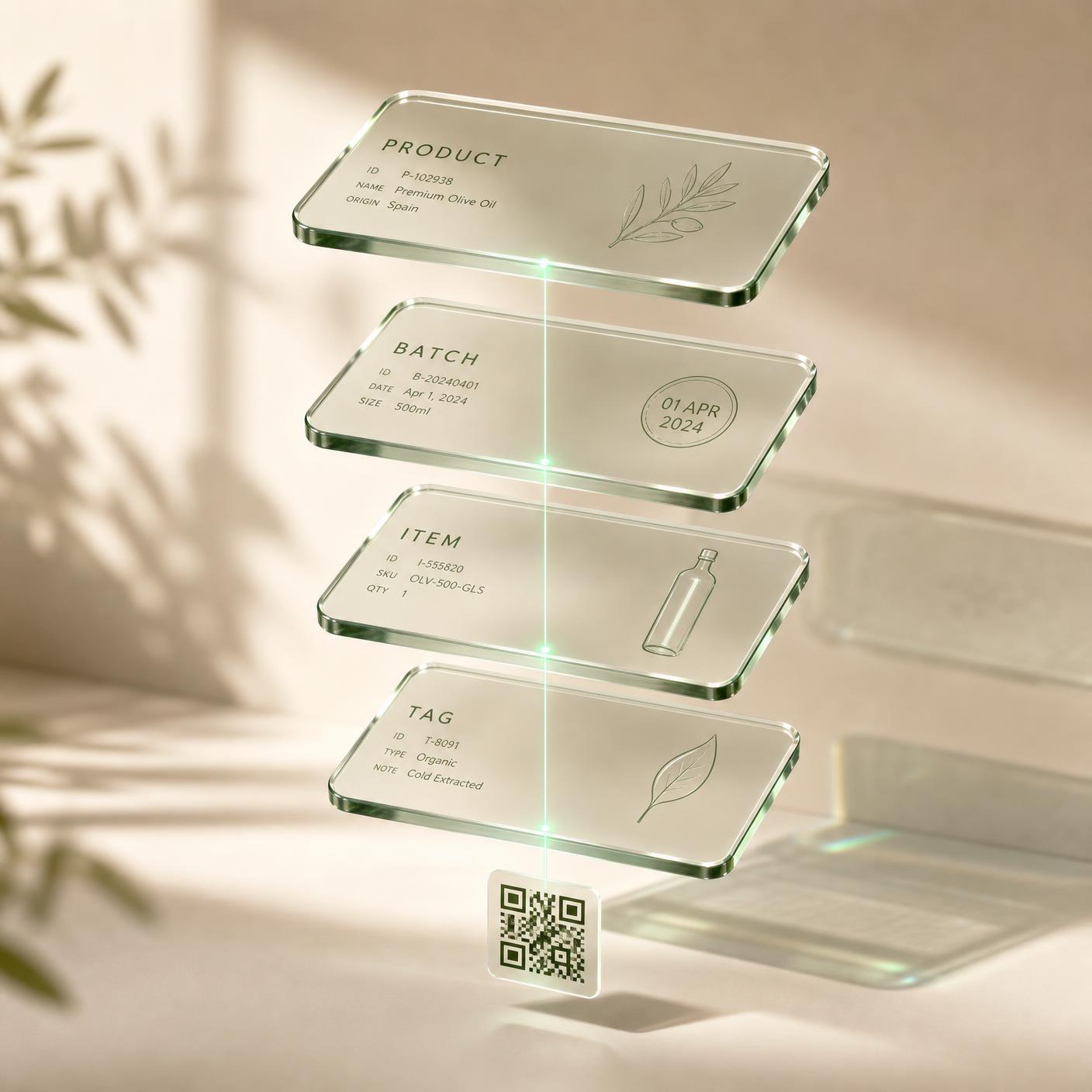 Exploded stack of four translucent glass cards labeled Product, Batch, Item and Tag, connected by a luminous line to a QR code