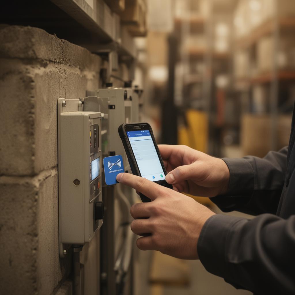 A technician tapping an NFC tag on connected equipment