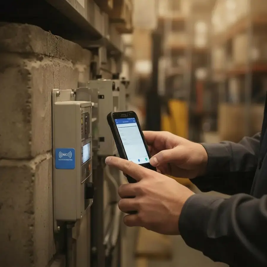 A technician tapping an NFC tag on industrial equipment with a smartphone