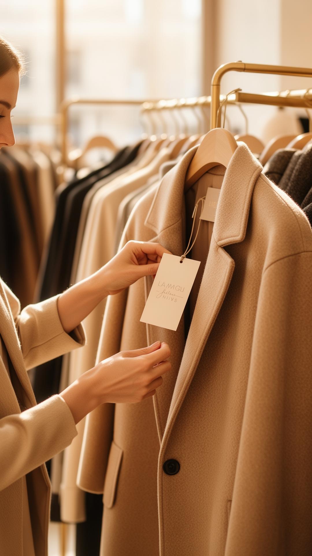 A customer in a boutique inspecting a connected hangtag on a wool coat