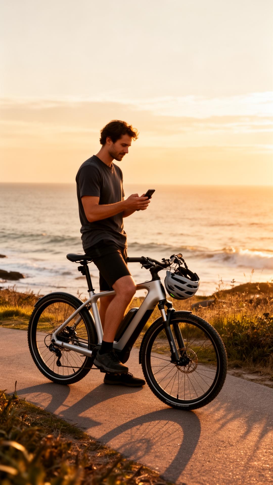 A cyclist on a coastal path checking their phone next to a premium e-bike