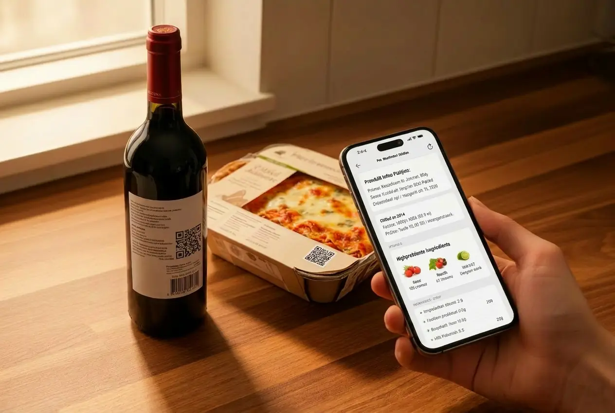 A bottle of wine and a chilled ready-meal carton on a kitchen counter, each with a small QR code