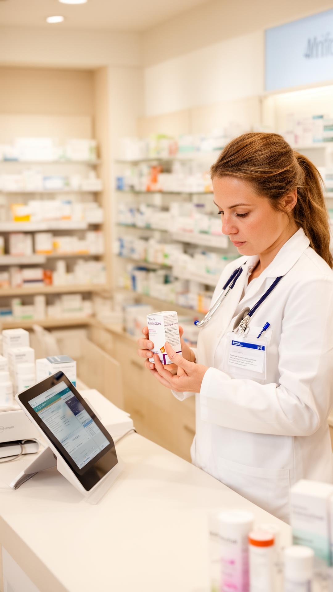 A pharmacist verifying a medication box against a tablet