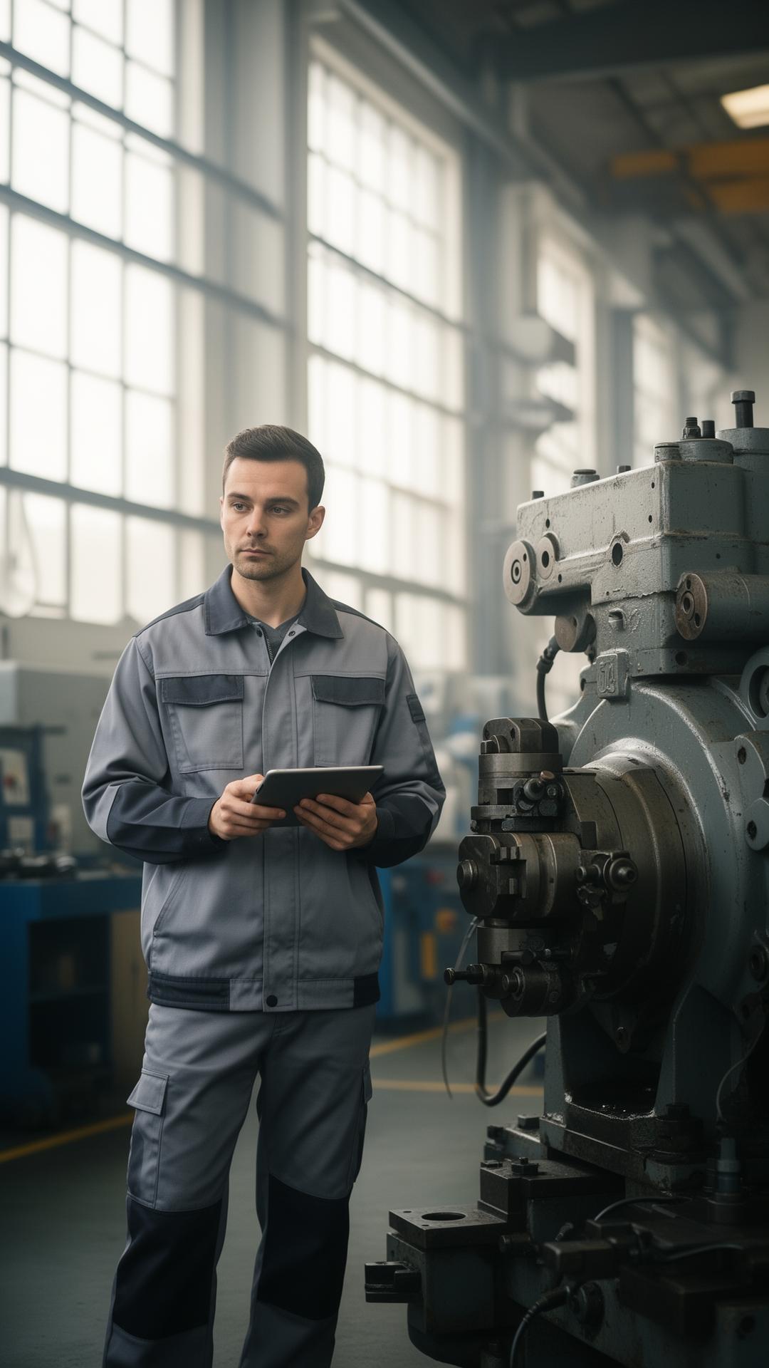 A field service technician using a tablet beside an industrial machine