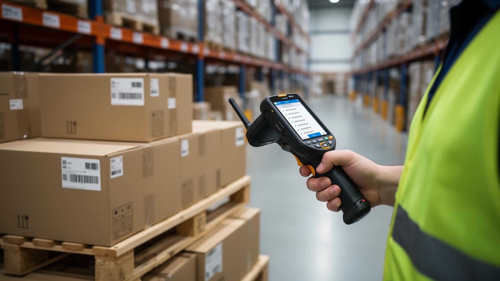 A warehouse worker scanning labelled boxes on a pallet with a handheld scanner