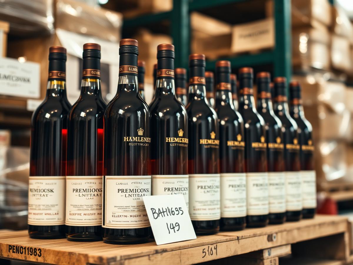 Row of identical wine bottles on a pallet with a batch card — a production batch.