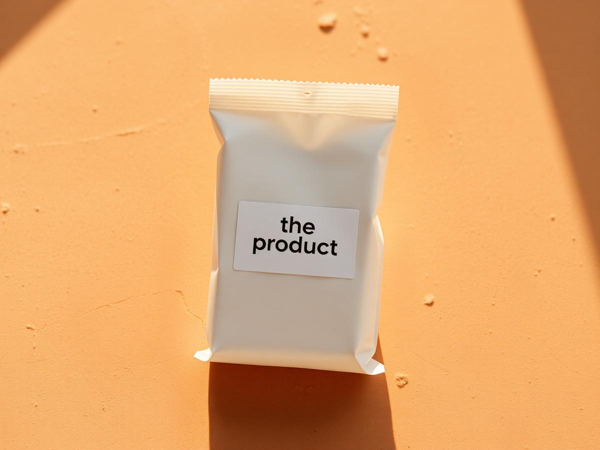 Plain white 'the product' package on a warm orange surface — the generic ideal.