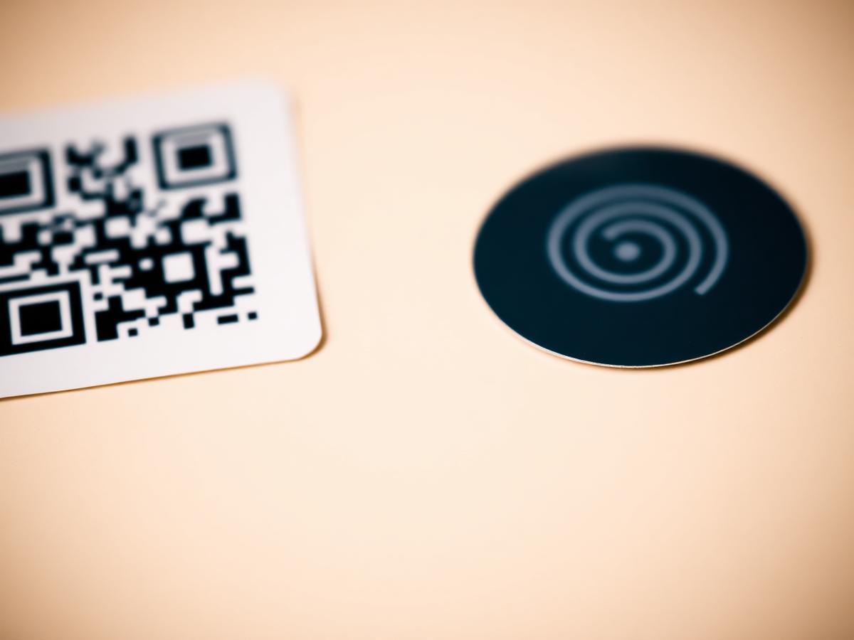 A printed QR code label next to a circular NFC sticker — the physical tag.