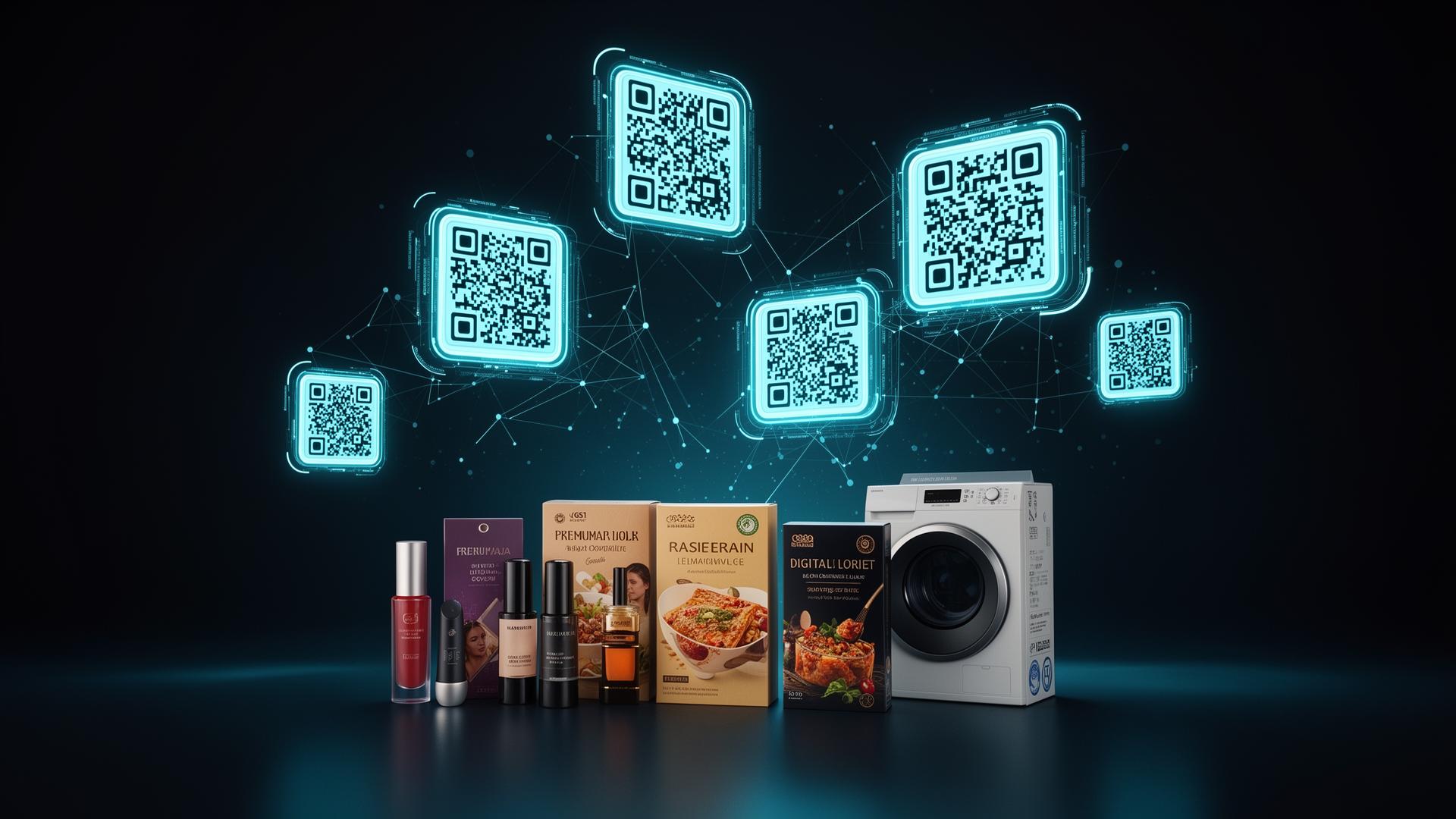GS1 Digital Link QR codes floating above product packaging with glowing cyan data connections