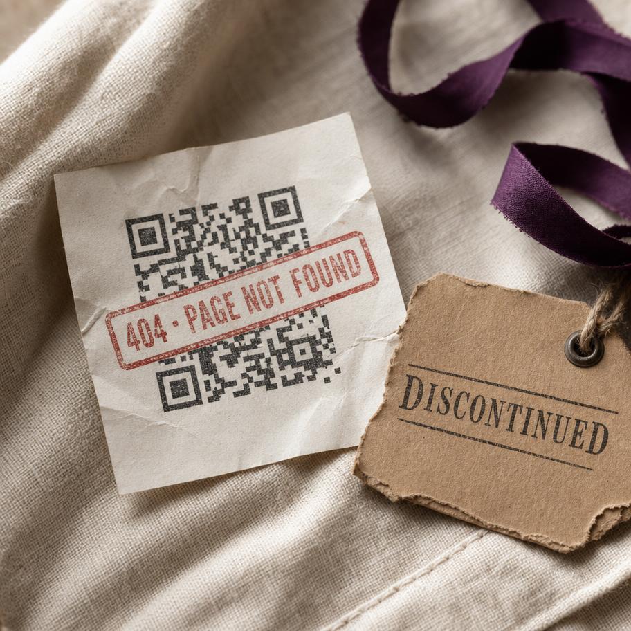A printed QR code on a product box leading to a broken, unavailable page