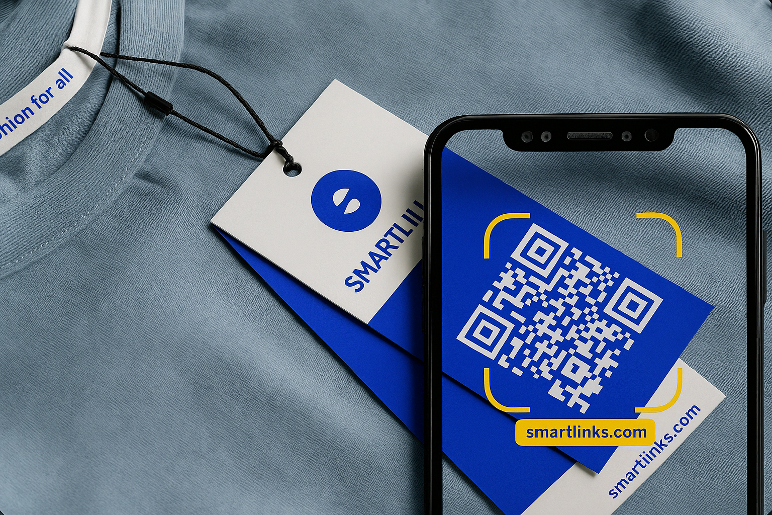 Clothing tag with QR code and SmartLinks mobile app interface
