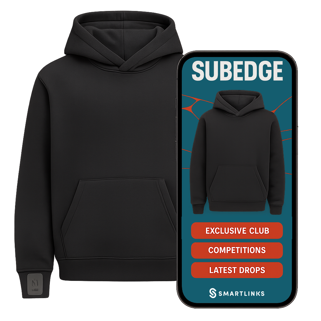 SUBEDGE hoodie with SmartLinks mobile app interface showing exclusive club features