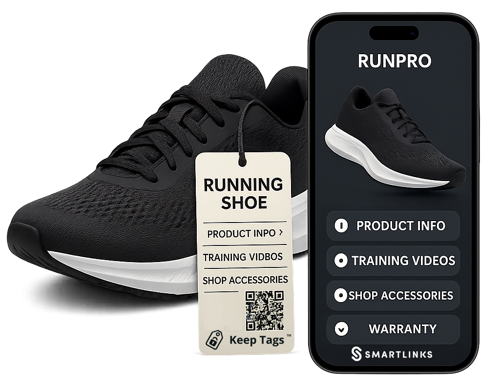 RUNPRO running shoe with QR code tag and SmartLinks mobile app interface