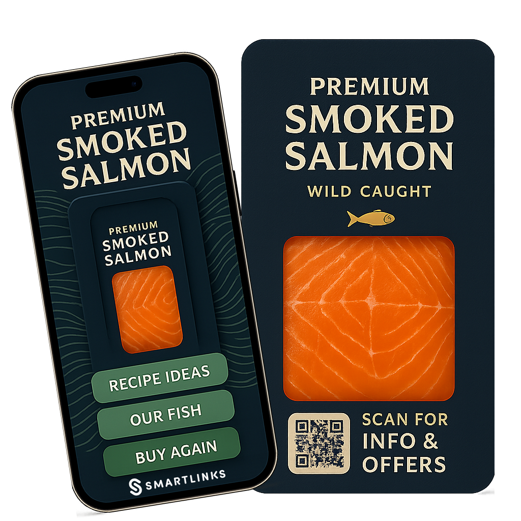 Premium smoked salmon packaging with QR code and SmartLinks mobile app interface