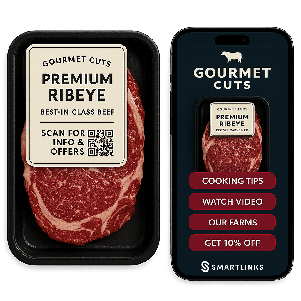 Gourmet Cuts Premium Ribeye packaging with QR code and SmartLinks mobile app interface