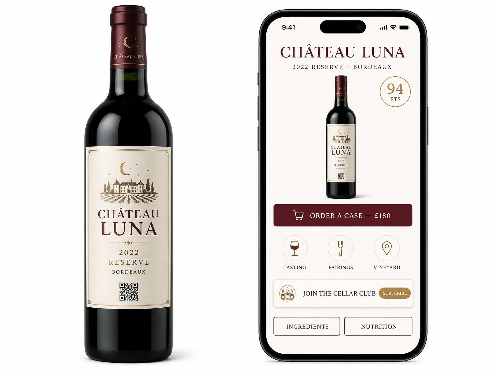 Wine bottle with a small QR code on the back label linking to EU-compliant ingredients and nutrition information