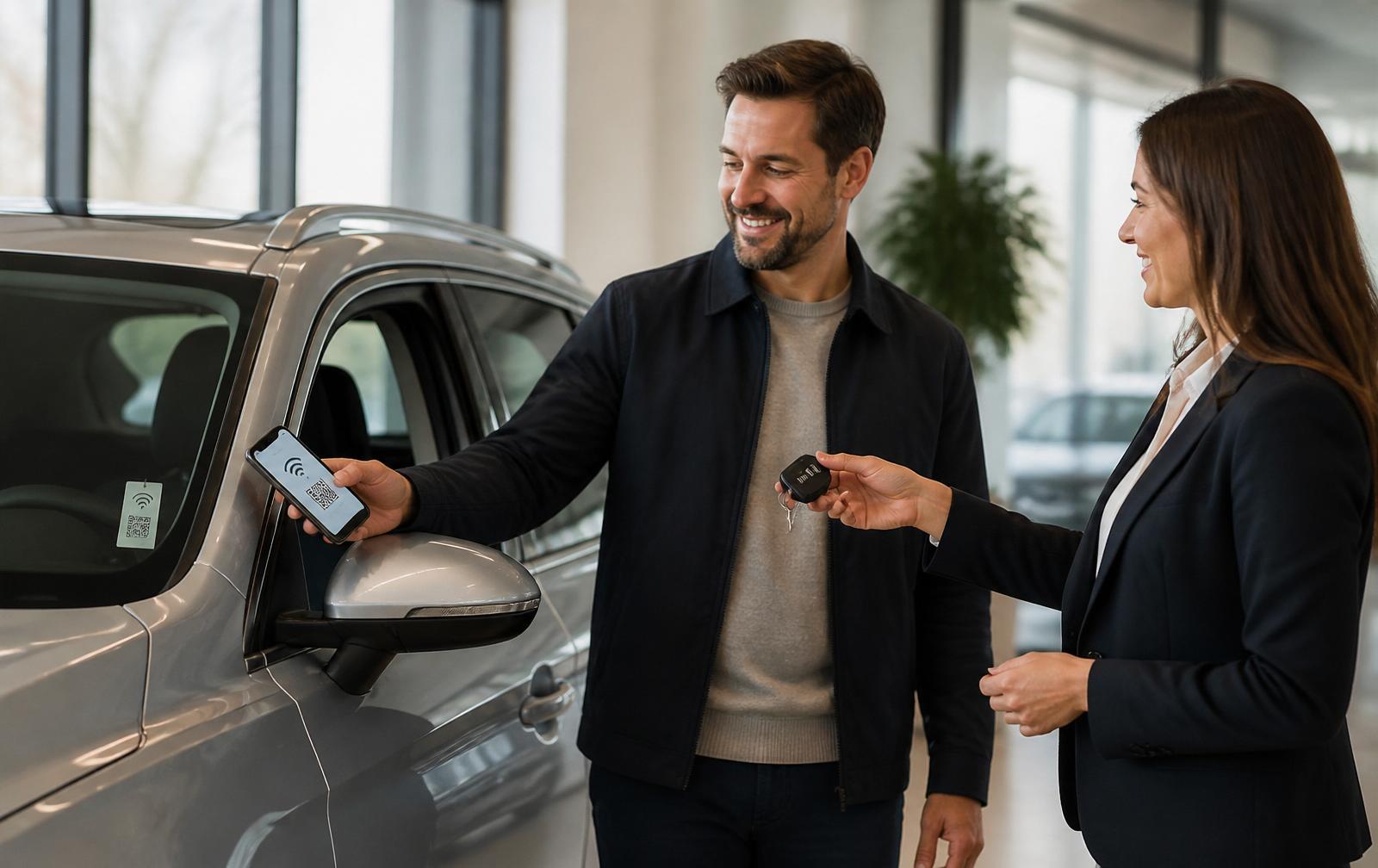 Customer at a dealership tapping their phone on a car's windscreen NFC tag at handover