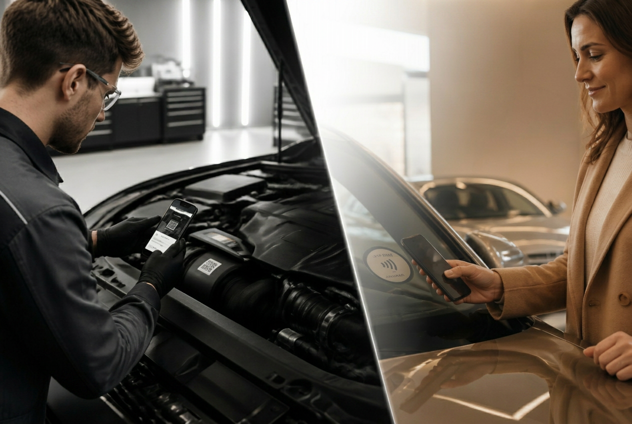 Technician scanning a QR on a car engine component and a customer tapping a phone on a windscreen NFC tag