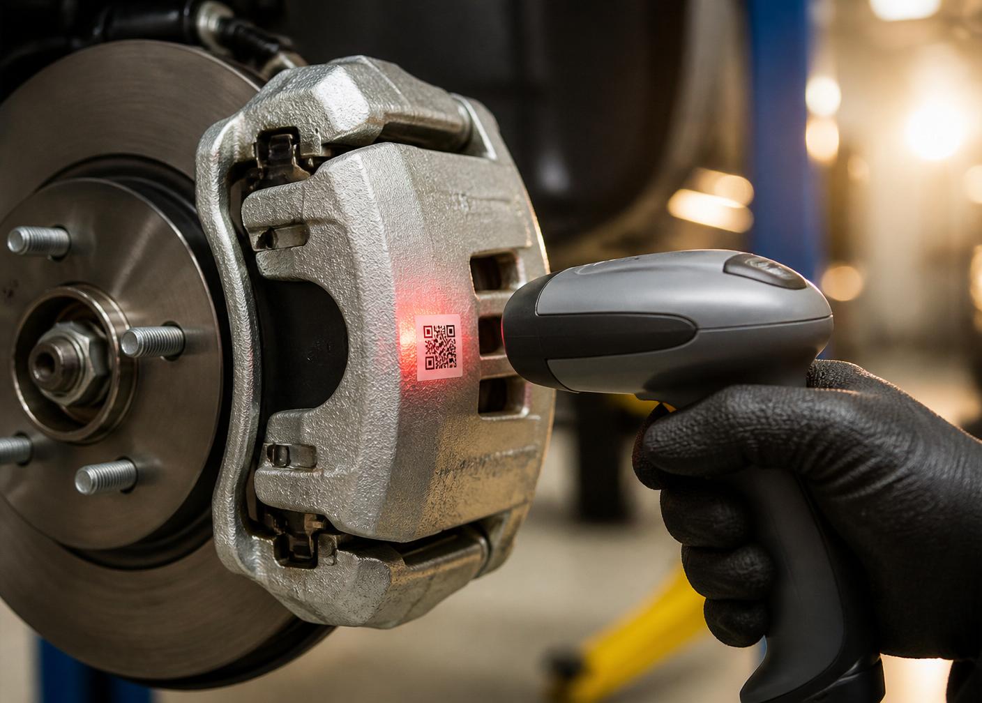 Technician scanning a QR code on a brake caliper