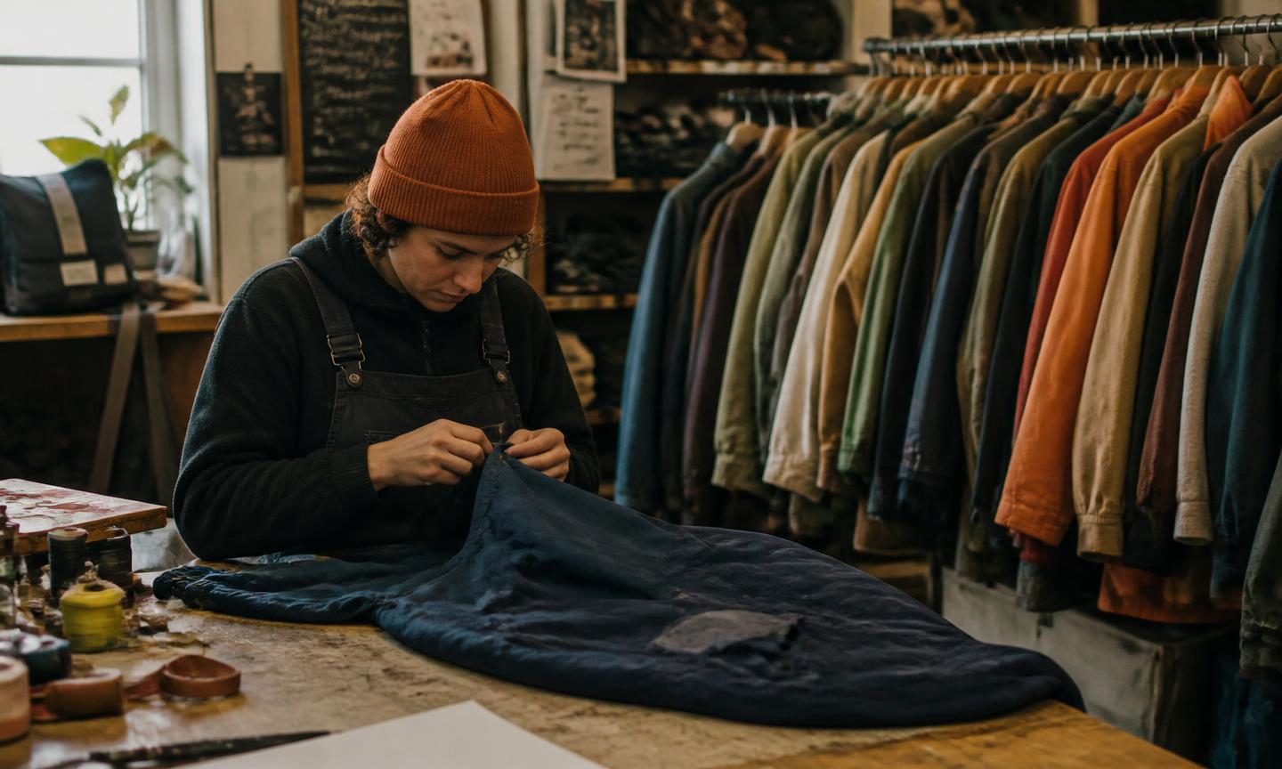 A repairer mending a used jacket at a workbench beside rails of second-hand garments ready for resale