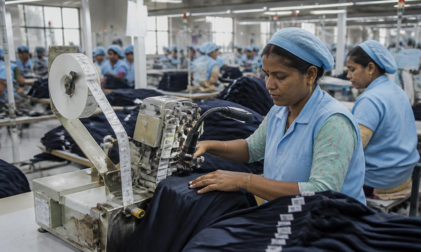 Workers applying RFID and QR identity labels to garments on a large production line in an Indian manufacturing plant