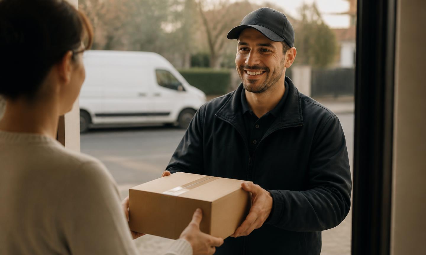 A delivery courier handing a cardboard parcel to a customer at their front door with the van parked behind