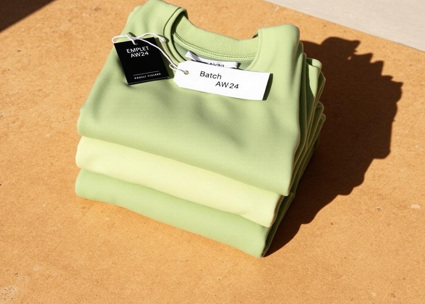 Stack of identical apparel garments with a 'Batch AW24' hangtag on top
