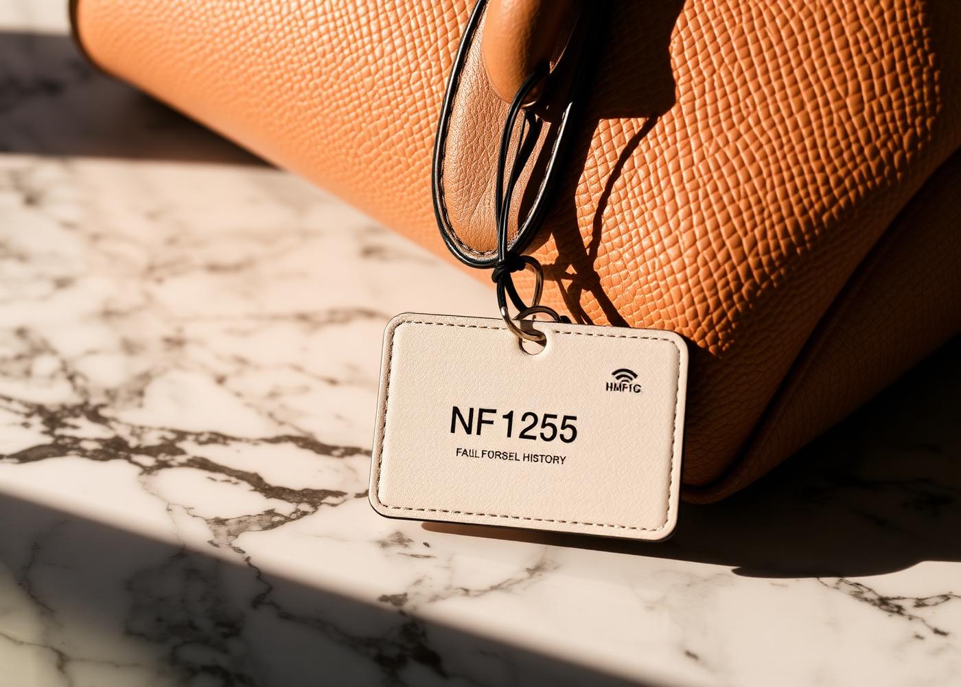 Luxury leather handbag on marble with a hangtag showing a serial and NFC symbol