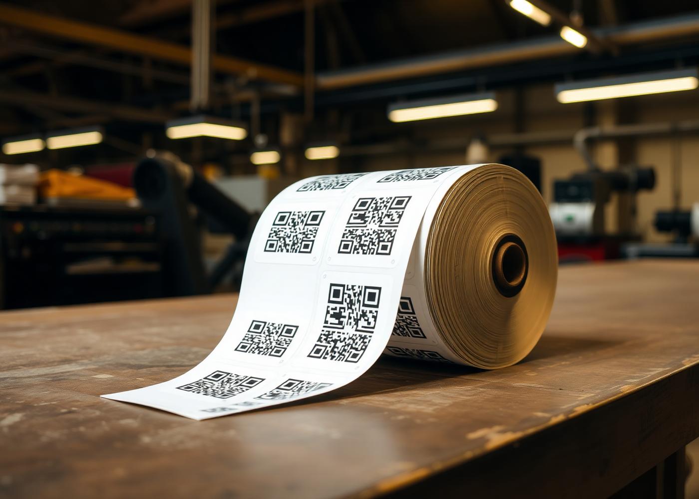 Large roll of pre-printed QR sticker labels on a print workshop bench