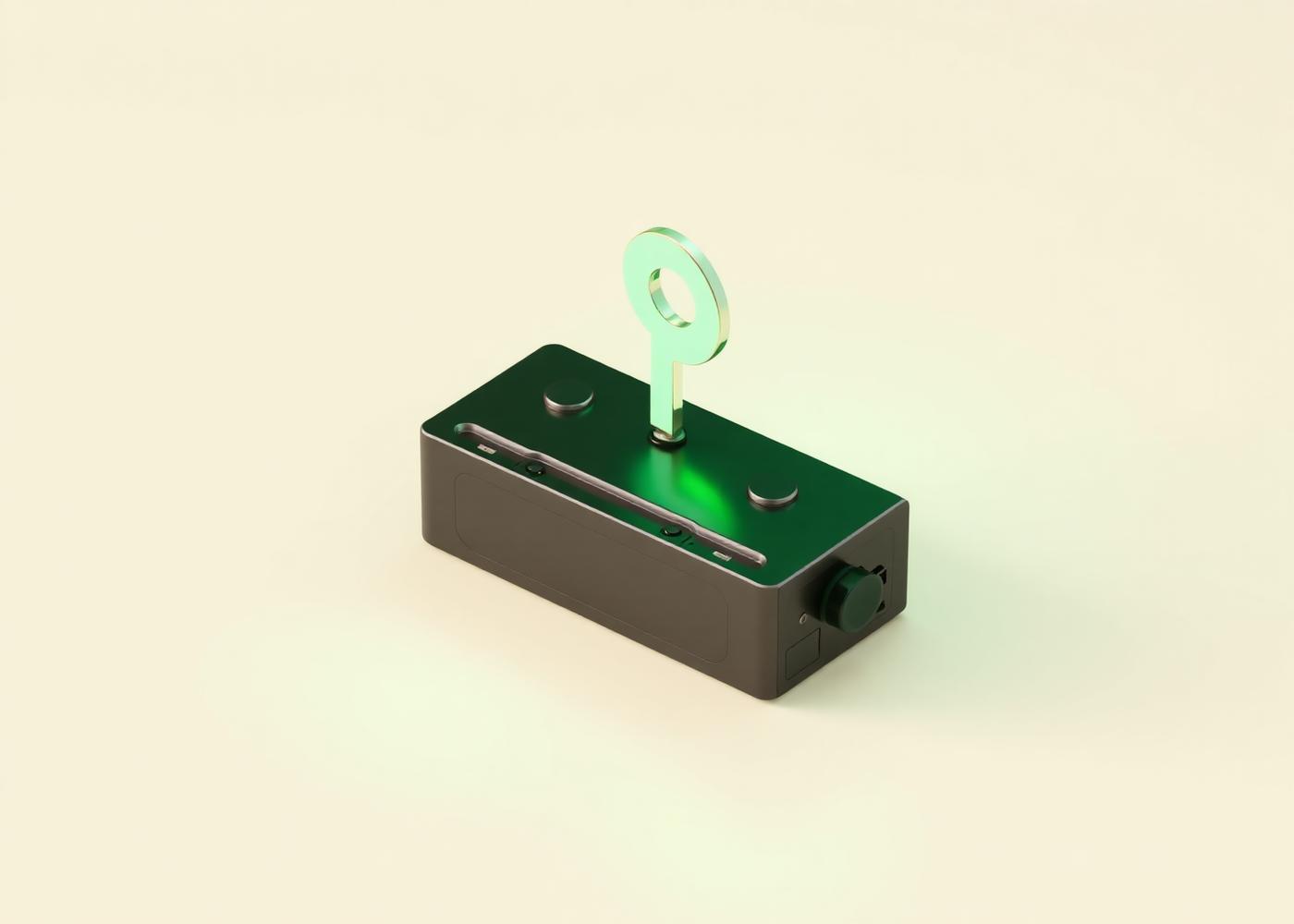 EV battery module with a floating luminous key symbol above it — algorithmic virtual IDs